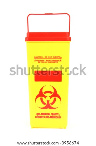 Foto d'archivio: Yellow Medical Disposal Waste Box Syringe Needle With Red Drop On The Tip