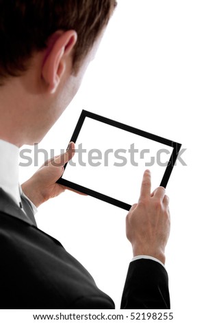 Stock foto: Businessman Holding A Blank Touchpad Pc One Finger Touches The