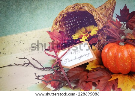 Foto stock: Thanksgiving Day Feast Cornucopia And Turkey Background Illustra