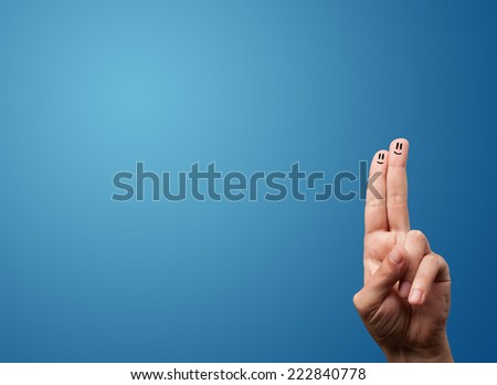 Foto stock: Happy Smiley Face Fingers Cheerfully Looking At Empty Blue Background Copy Space