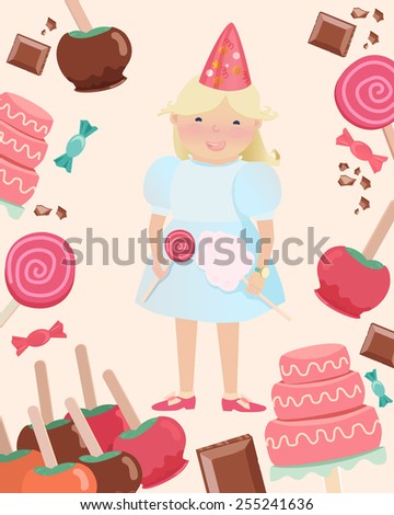 Girl In Party Hat With Candy Surrounded By Sweets [[stock_photo]] © veralub