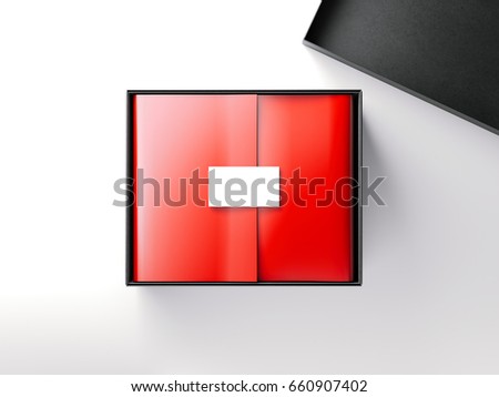 Foto stock: Black Box With Red Wrapping Paper And Business Card 3d Rendering