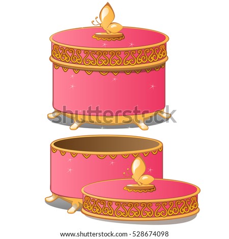 Stockfoto: Set Of Closed And Opened Round Ornate Gift Boxes With Lids Green Color Isolated On White Background