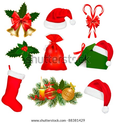 Stok fotoğraf: Christmas Cartoon Icon Set - Candy Cane Santa Hat Stocking Ball