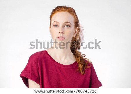 Foto stock: Beautiful Redhead Young Woman With Fresh Skin Of Face In Bathroo