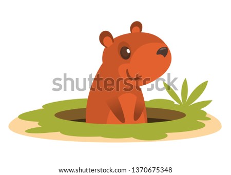 Imagine de stoc: Smiling Marmot Cartoon Mascot Character With Cylinder Hat Waving In Groundhog Day