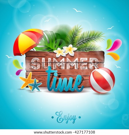 Stok fotoğraf: Vector Summer Time Holiday Typographic Illustration With Toucan Bird On Vintage Wood Background Tro