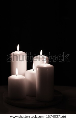 Stockfoto: Aromatic White Jasmin Candles Set At Night Christmas New Years