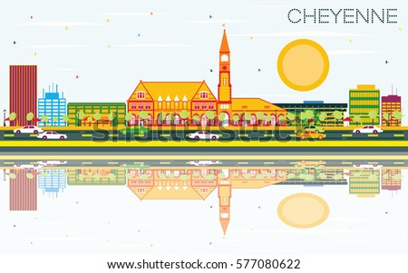 Foto stock: Outline Cheyenne Wyoming Skyline With Blue Buildings And Copy