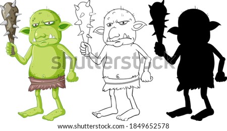 Stock photo: Green Goblin Or Troll Holding Hunting Tool In Cartoon Character