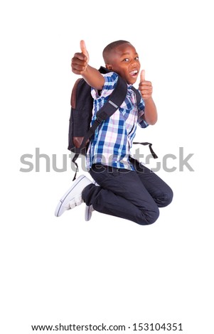 Stock fotó: African American School Boy Jumping And Making Thumbs Up - Black
