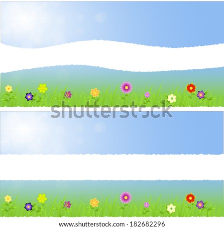 Torn Paper Middle Spring Landscape With Flowersgrassraindrops [[stock_photo]] © impresja26