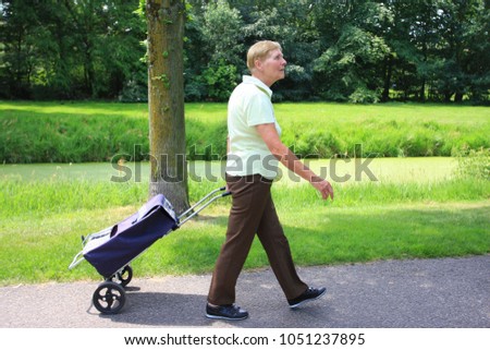 Stok fotoğraf: Walking Shopping Woman Holding Bag And Shopping Trolley Close Up Sale Concept