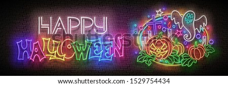 Foto stock: Glow Halloween Greeting Card With Pumpkin Cross Candle Ghrost