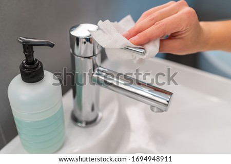 Hand Hygiene Hands Washing Step Closing Faucet Tap With Paper Towel After Drying Hands For Covid 19 Zdjęcia stock © Maridav