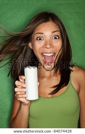 Attractive Smiling Brunette Woman Holding Green Energy Fluorescent Stockfoto © Ariwasabi