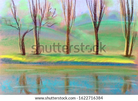 Foto stock: Vintage Rural Landscape With Trees And Sky Reflection In Lake