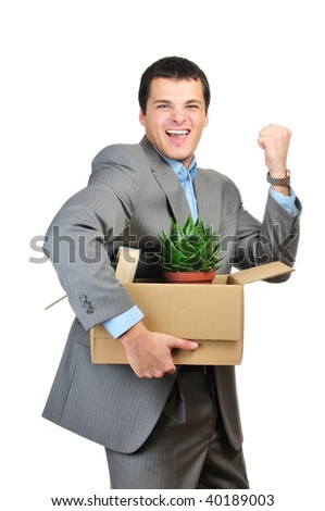 [[stock_photo]]: You Are Fired Happy Businessman Hold Box With Personal Belongings Isolated On White Background