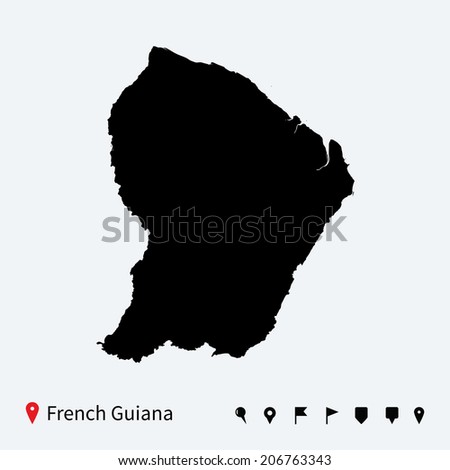 Foto d'archivio: High Detailed Vector Map Of French Guiana With Navigation Pins
