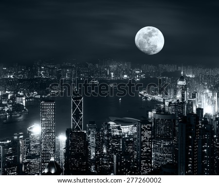 Foto stock: Abstract Futuristic Cityscape At Full Moon Night Hong Kong