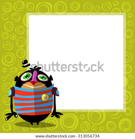 Foto stock: Funny Creature Character With Hat In Front Of Poster For Text