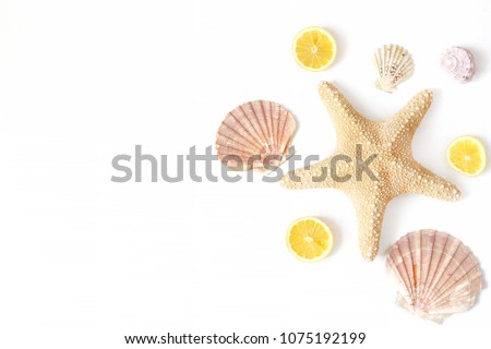 ストックフォト: Composition Of Exotic Seashells Oyster Starfish And Lemon Slices On White Wooden Background Tropi