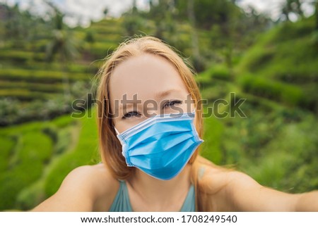 ストックフォト: Beautiful Young Woman Walk At Typical Asian Hillside With Rice Farming Mountain Shape Green Cascade