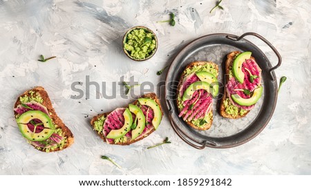 Сток-фото: Banner Of Healthy Breakfast Toasts From Sliced Watermelon Radish