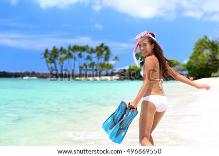 Stock photo: Happy Beach Vacation Snorkeling Girl Having Fun Doing Snorkel Watersport Activity On Hawaii Beach A