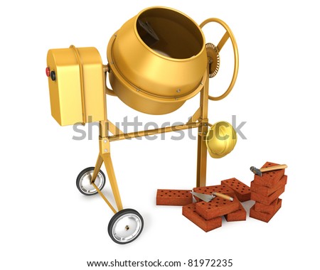 Stock fotó: Clean New Yellow Concrete Mixer With Helmet Trowel And Few Bric