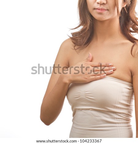 Stock photo: Breast Cancer Woman Touching Her Breasts Isolated On White Bac