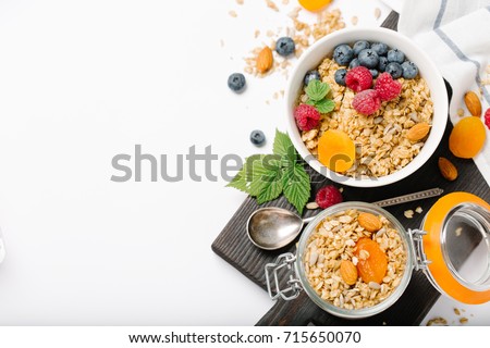 Сток-фото: Healthy Breakfast Organic Oat Flakes In A Wooden Bowl Top View Copy Space