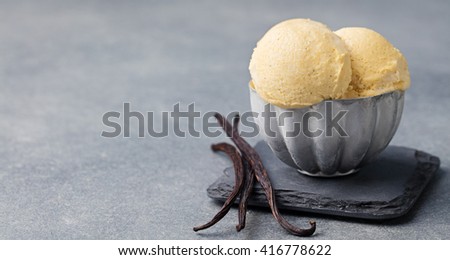 Foto stock: Vanilla Ice Cream With Vanilla Pods In Metal Vintage Bowl Homemade Organic Product Slate Background