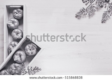 Сток-фото: Christmas Decor Of Silver Apples In Boxes On Wooden White Background
