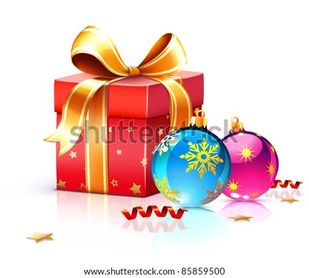 [[stock_photo]]: Vector Christmas Design With Magic Gift Box And Red Glass Ball On Clear Background