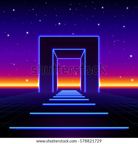 Сток-фото: Neon 80s Styled Massive Gate In Retro Game Landscape With Shiny Road To The Future