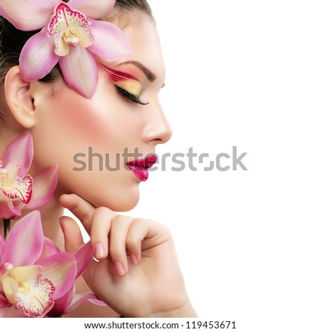 Stock fotó: Beautiful Young Woman With Orchid Flower Isolated On White Backg