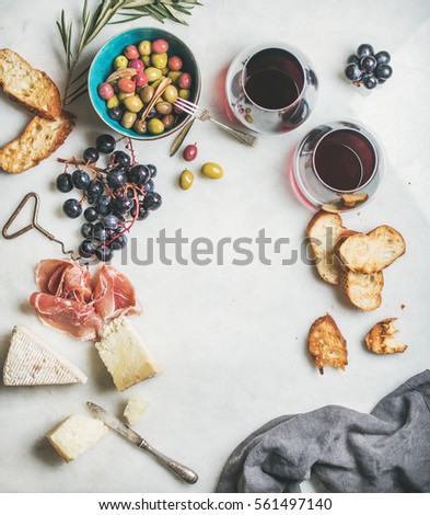Stock fotó: Wine And Snack Set Grey Marble Background Top View Copy Space