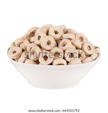 Stockfoto: Beige Rings Corn Flakes In White Bowl Isolated On White Background Cereals