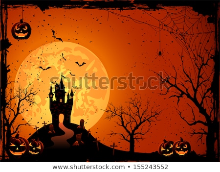 Stockfoto: Grungy Halloween Background With Pumpkins House And Bats