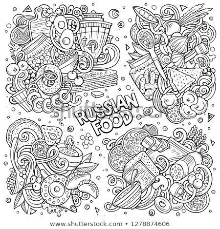 Foto d'archivio: Line Art Vector Hand Drawn Doodles Cartoon Set Of Russian Food Combinations