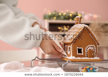Foto d'archivio: Woman Making Gingerbread Houses On Christmas