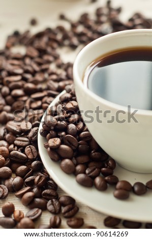 Stock fotó: Close Up Of Coffe Cup And Saucer Surrounded By Beans On Hessian