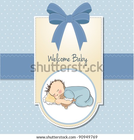 Stok fotoğraf: Baby Shower Card With Little Baby Boy Sleep With His Teddy Bear