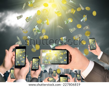 Hands Holding Smart Phones And Shoot Video As Falling Family Car Stockfoto © cherezoff