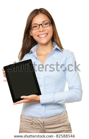 Stock fotó: Woman Showing Tablet Screen Smiling Isolated On White Background