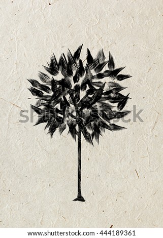 Stock photo: Drawing Foliar Tree On A Beige Rice Paper Black Silhouette On A Beige Rice Paper