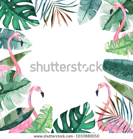 Stock fotó: Tropics Frame Palm Leaves Bananas And Pink Flamingos Transparent Background Hand Drawn Elements