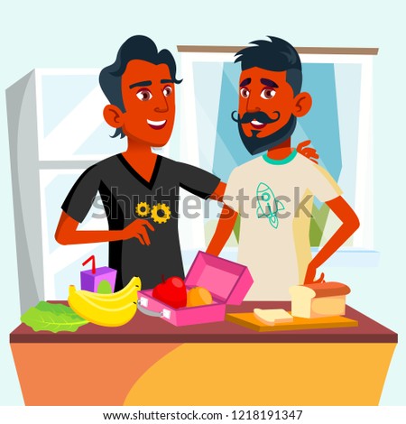 Сток-фото: Couple Of Young Teen Gays Cooking Food Together In Kitchen Vector Isolated Illustration