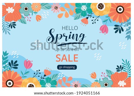 Stockfoto: Sale Floral Pattern Hand Drawn Flowers Discount Shopping Commerce Colorful Background With Blo